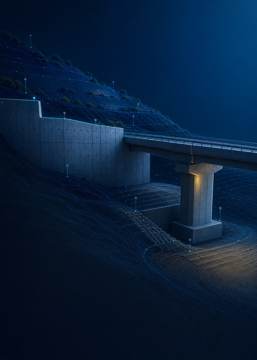 Virtual blue infrastructure-monitoring scene with a retaining wall, bridge and engineered slope