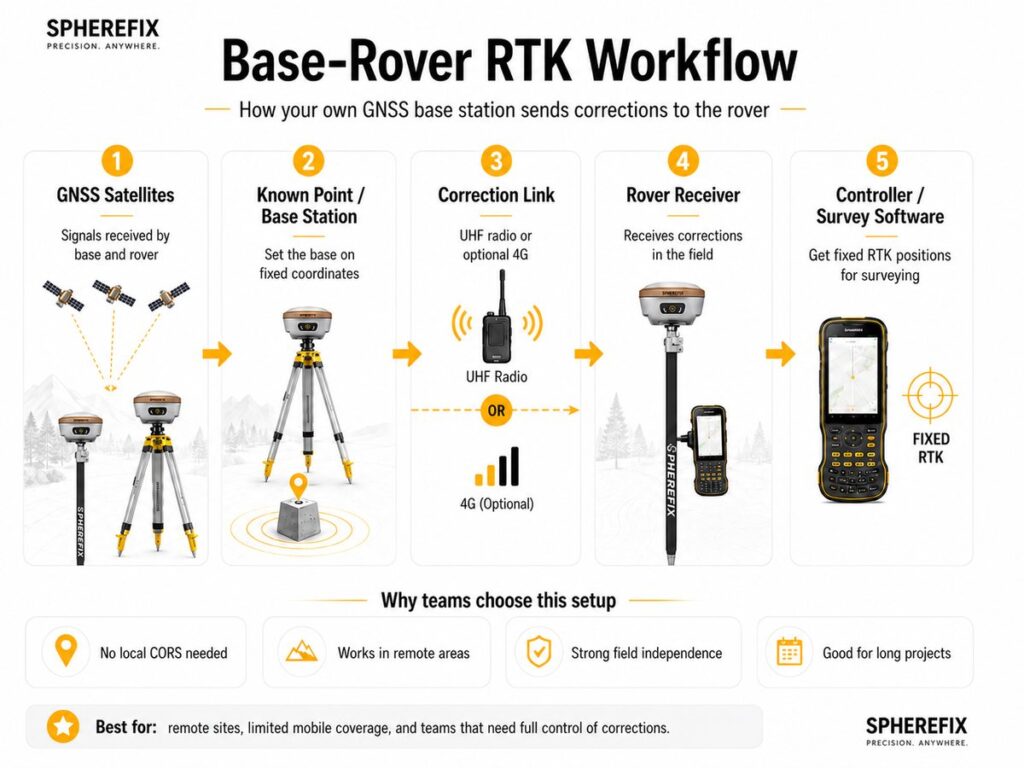 Base rover RTK GNSS receiver workflow with base station rover and controller