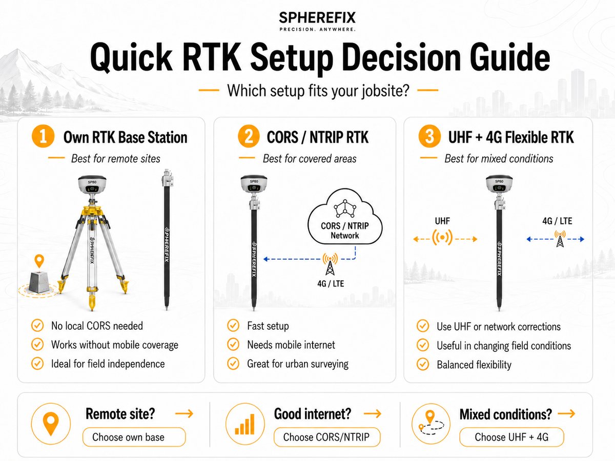 Quick decision guide for choosing RTK base station CORS NTRIP or UHF 4G GNSS setup