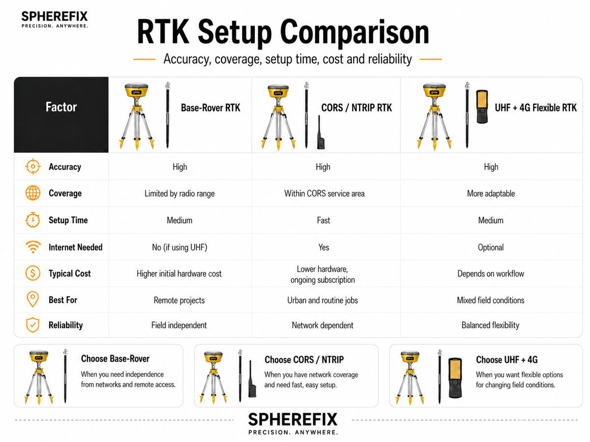 Comparison table of RTK base rover CORS NTRIP and UHF 4G GNSS receiver setup