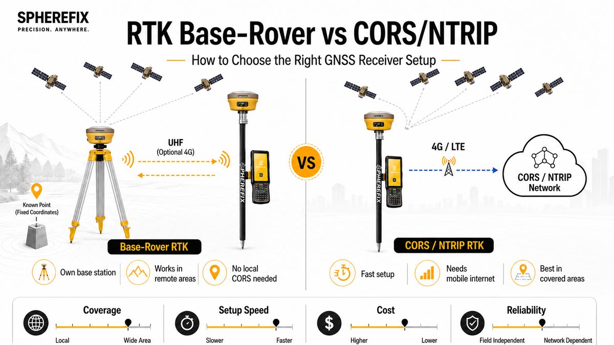 RTK base rover vs CORS NTRIP GNSS receiver setup comparison for land surveying