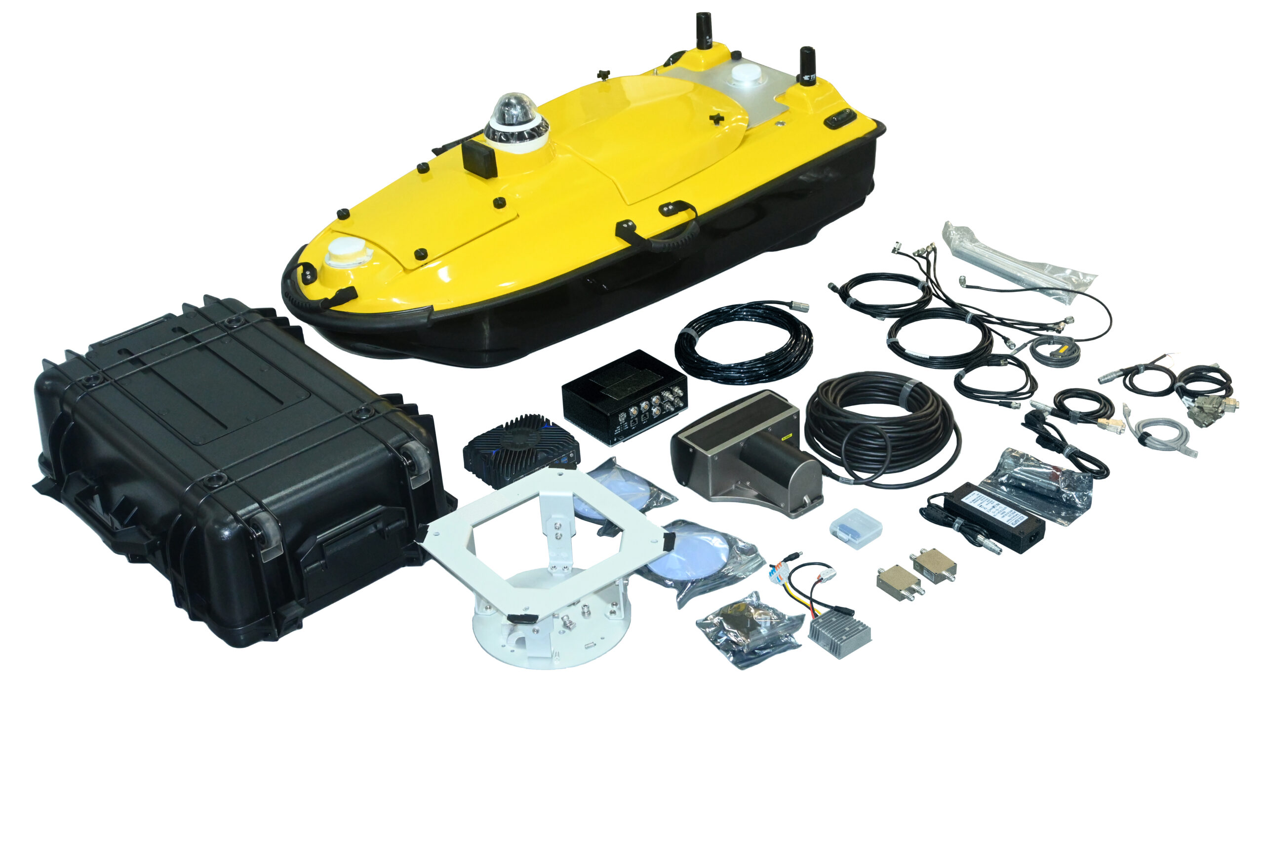 Complete Spherefix SPCraft USV hydrographic survey kit with vessel, multibeam sonar, cables, controller, and accessories