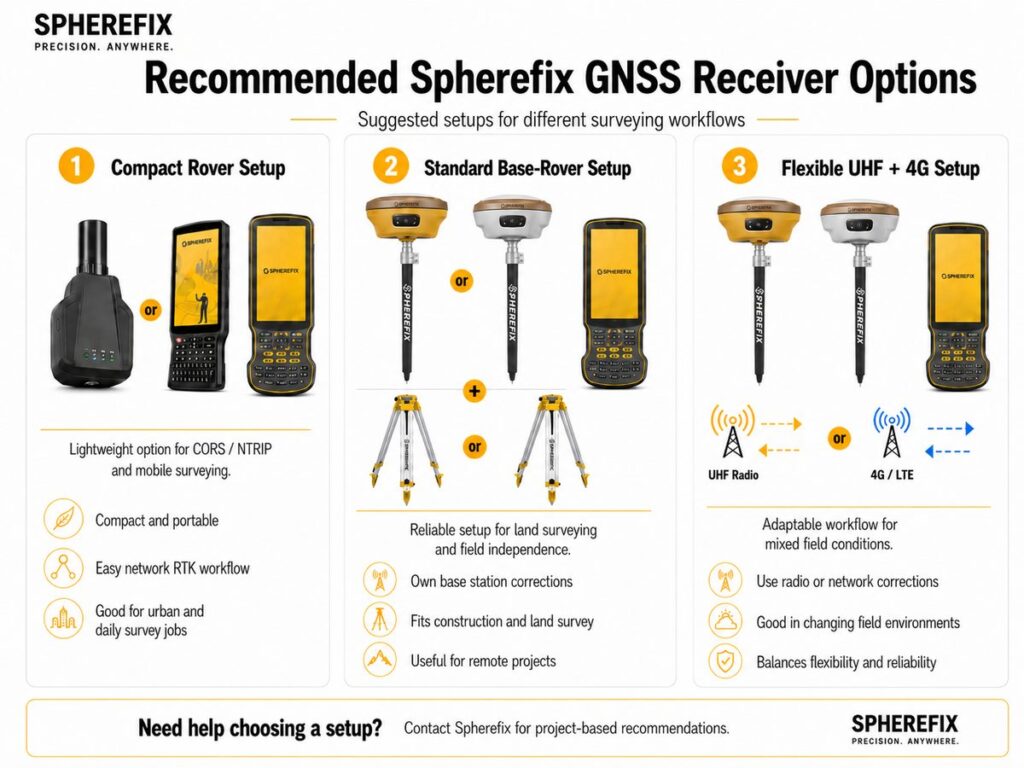 Spherefix GNSS receiver options for RTK base rover CORS NTRIP and UHF 4G surveying setup