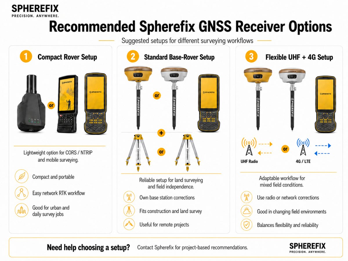 Spherefix GNSS receiver options for RTK base rover CORS NTRIP and UHF 4G surveying setup